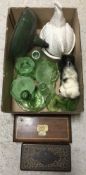 Three boxes of assorted china, glass and treenware etc to include various ornamental figures,