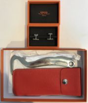 A pair of Hermes silver "H" cufflinks in original leather covered case together with a chrome