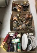 Two boxes of assorted copper and brass ware, to include various canisters, jugs, etc.
