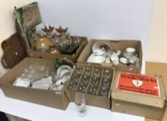 Three boxes of assorted decorative china and glassware, etc.