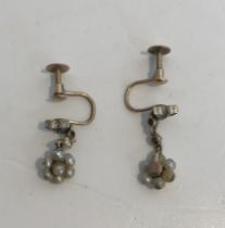 A pair of pearl and diamond set drop earrings,