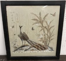 EARLY 20TH CENTURY CHINESE SCHOOL "Crane with butterflies and moths in foliage", needlework study,