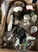 A box of assorted sundry items to include three decanters, cut glass pedestal bowl,