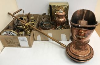 Two boxes of assorted copper and brass wares to include kettles, jardiniere, bottle coaster,
