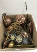 A box of assorted metal ware to include a copper lidded mug, copper kettles, various jugs, trivets,