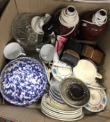 Four boxes of sundry decorative china and glassware to include teapots, pair of lamps,