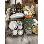 Four boxes of Continental and other decorative pottery and china wares and a set of six metal wall