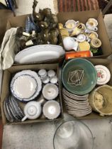 Four boxes of Continental and other decorative pottery and china wares and a set of six metal wall