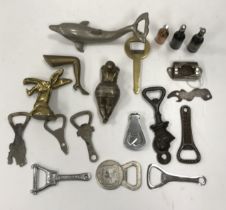 A collection of 19 various named and or novelty corkscrews including a brass donkey, dolphin,