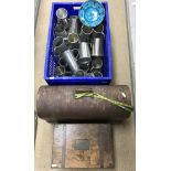A crate containing various modern pewter tankards,