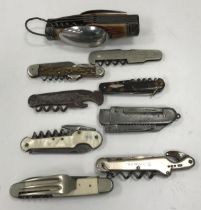 A collection of nine various multi-tool penknife corkscrews including a silver mounted example,