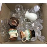 A box containing assorted glassware to include decanter, various drinking glasses, etc.