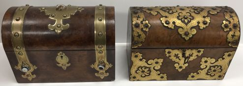 A Victorian walnut and brass bound dome top stationery box set with hardstone / onyx roundels,