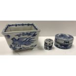 A blue and white porcelain chinoiserie decorated cylindrical scribe's pot bearing four character