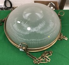 A ribbed glass and brass plafonnier,