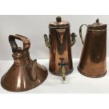 An early 20th Century copper and brass jug of conical form with hinged lid and brass handle,