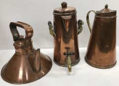 An early 20th Century copper and brass jug of conical form with hinged lid and brass handle,