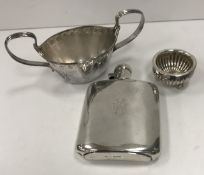 A mid 20th Century silver hip flask with engraved initials to the body (James Dixon & Son,