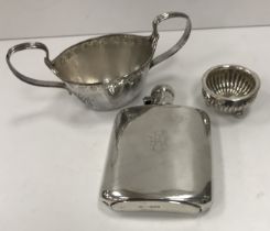 A mid 20th Century silver hip flask with engraved initials to the body (James Dixon & Son,