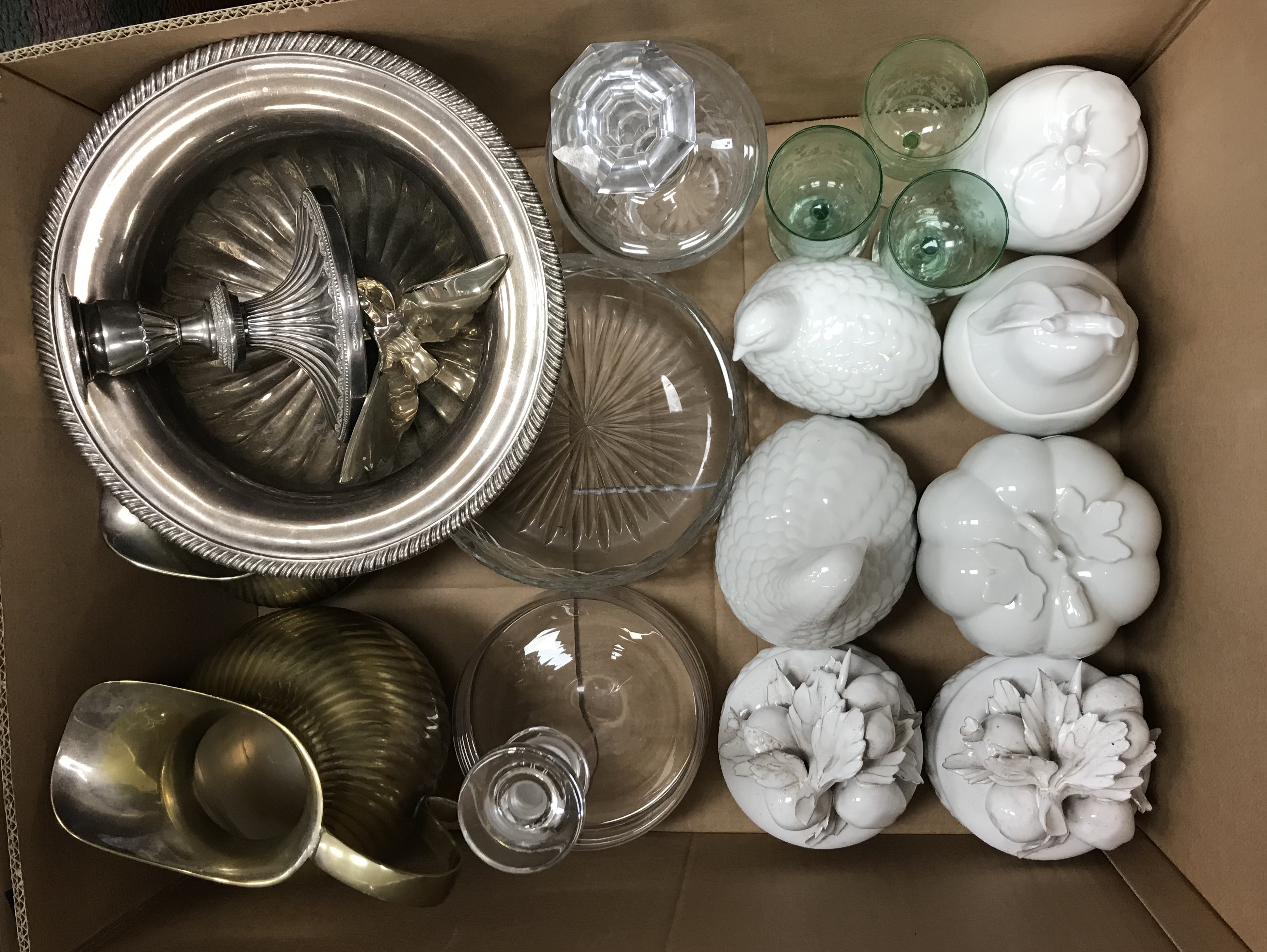 Two boxes of assorted decorative china, glass and metal wares to include a pair of modern verrieres, - Image 2 of 5