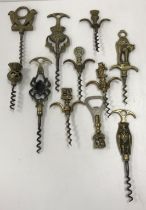 A collection of ten various brass handled corkscrews/bottle openers decorated with various animal