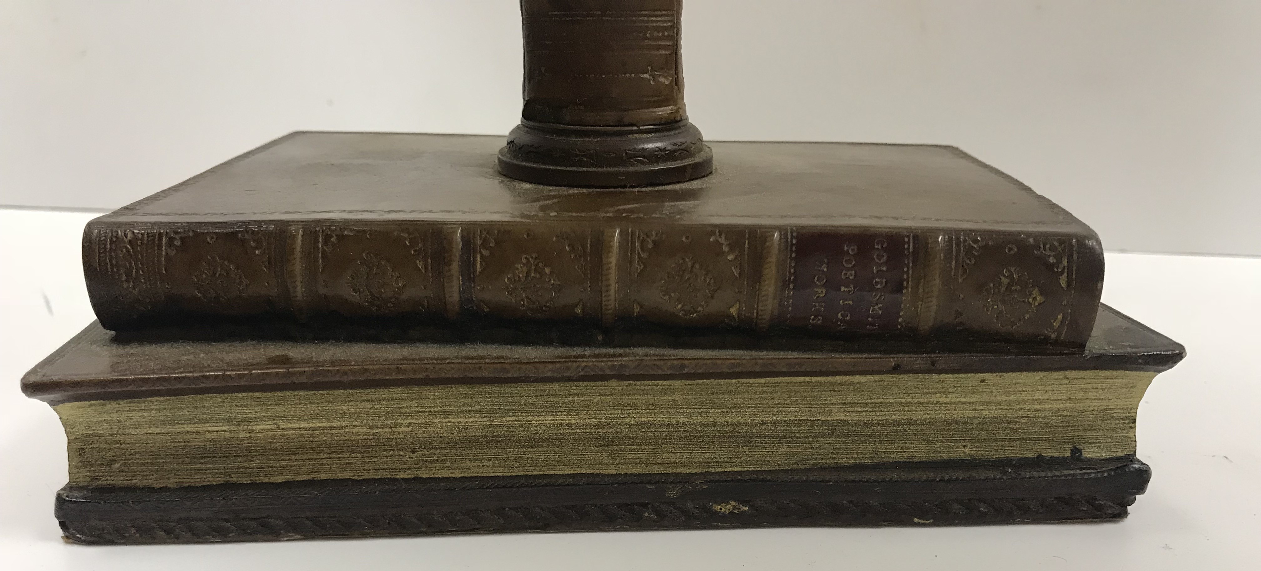 A decorative table lamp as book spines "Original Bookworks - 2" on a base of two books "Goldsmiths - Image 4 of 5