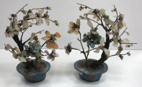 A pair of Chinese blue ground cloisonné miniature planters set with composite bonsai trees and