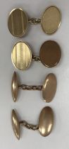 Two pairs of 9 carat gold cufflinks, one pair with engine turned decoration on an oval ground,