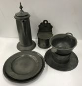 A collection of various 18th and 19th Century pewter wares including a large pewter lidded jug by