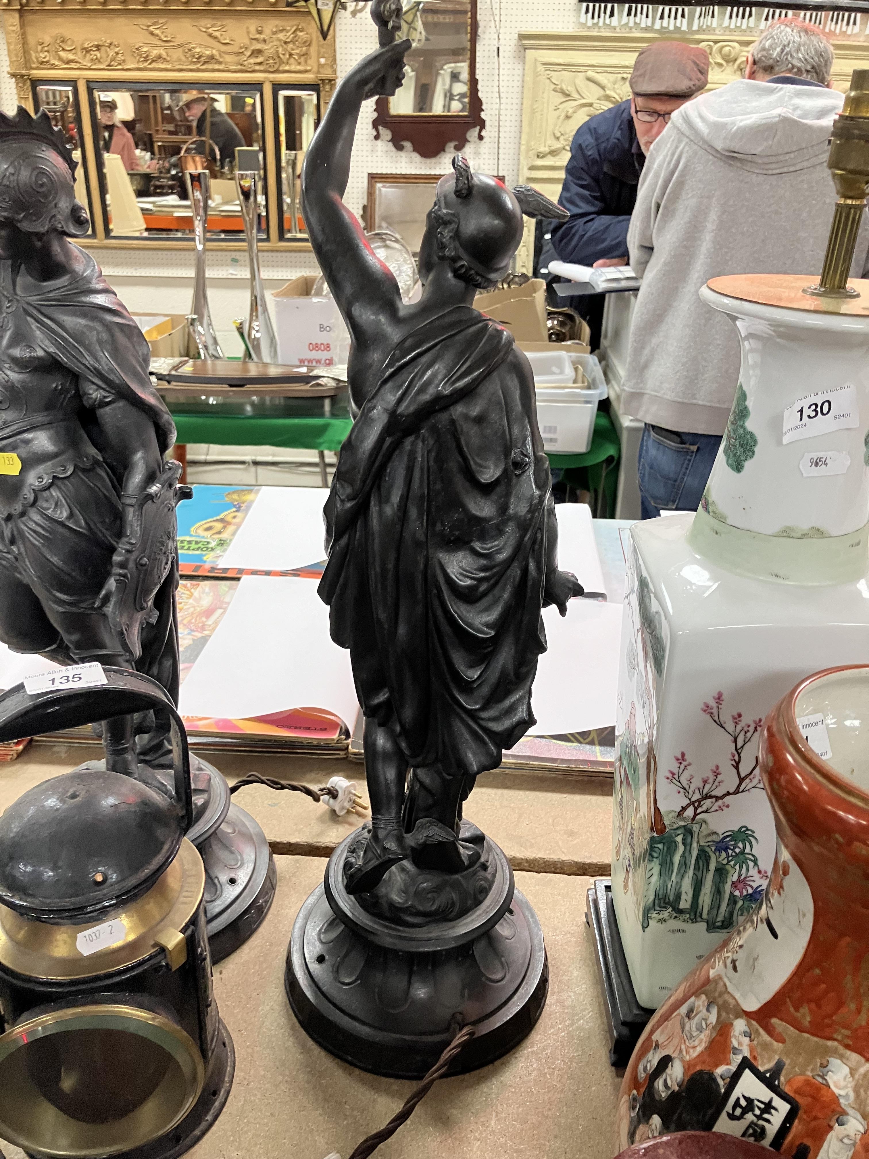 A pair of patinated spelter figural lamps as Mercury and Mars, - Image 17 of 26