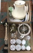 Two boxes of assorted decorative china, glass and metal wares to include a pair of modern verrieres,