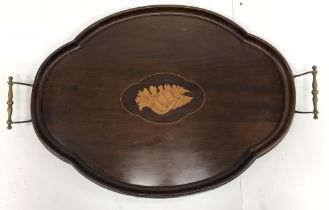 An Edwardian mahogany and shell marquetry inlaid shaped oval drinks' tray with brass handles,