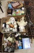 Five boxes of assorted sundry items to include elephant ornaments, mugs, mantel clock,