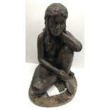 A mid 20th Century chocolate patinated bronzed figure of "Young nude girl seated" on a marble base,