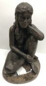 A mid 20th Century chocolate patinated bronzed figure of "Young nude girl seated" on a marble base,