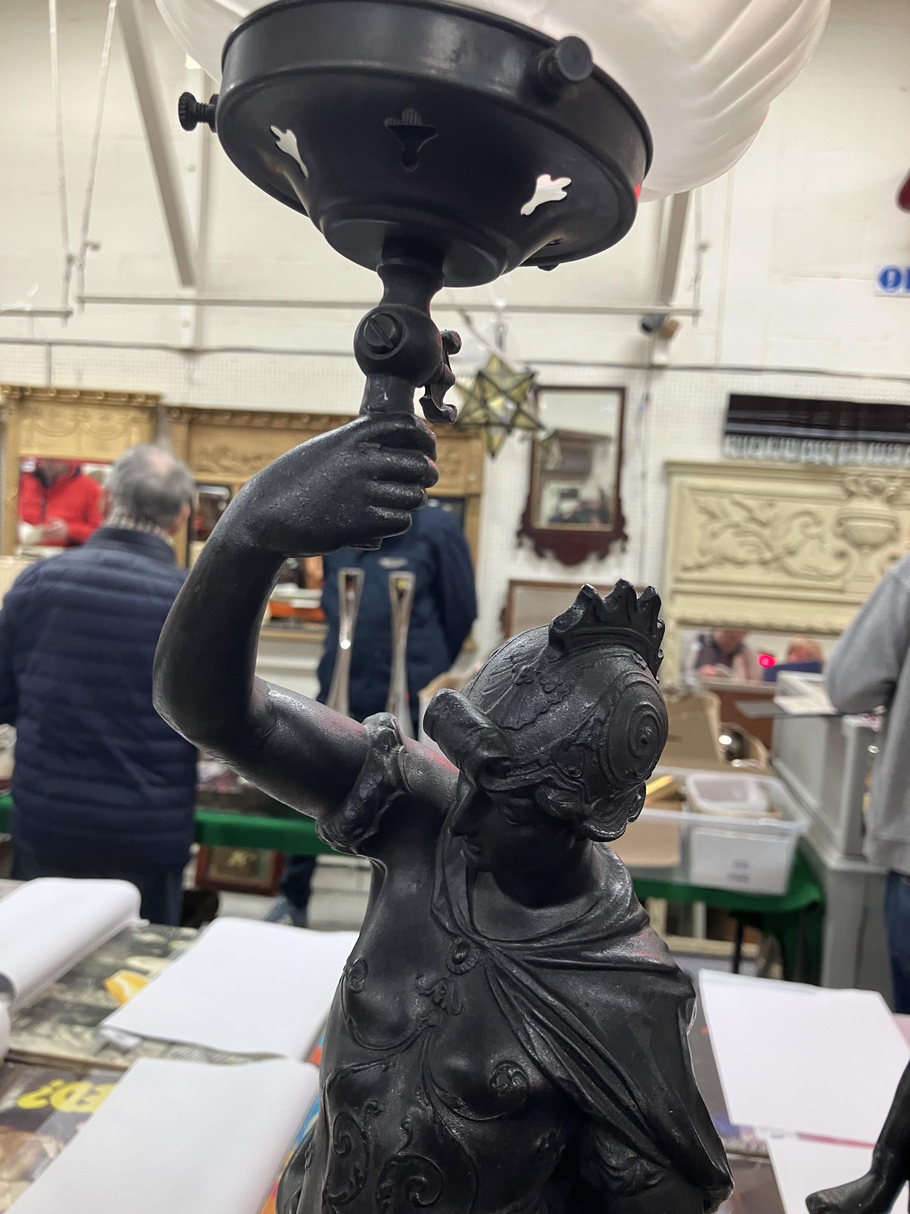 A pair of patinated spelter figural lamps as Mercury and Mars, - Image 20 of 26