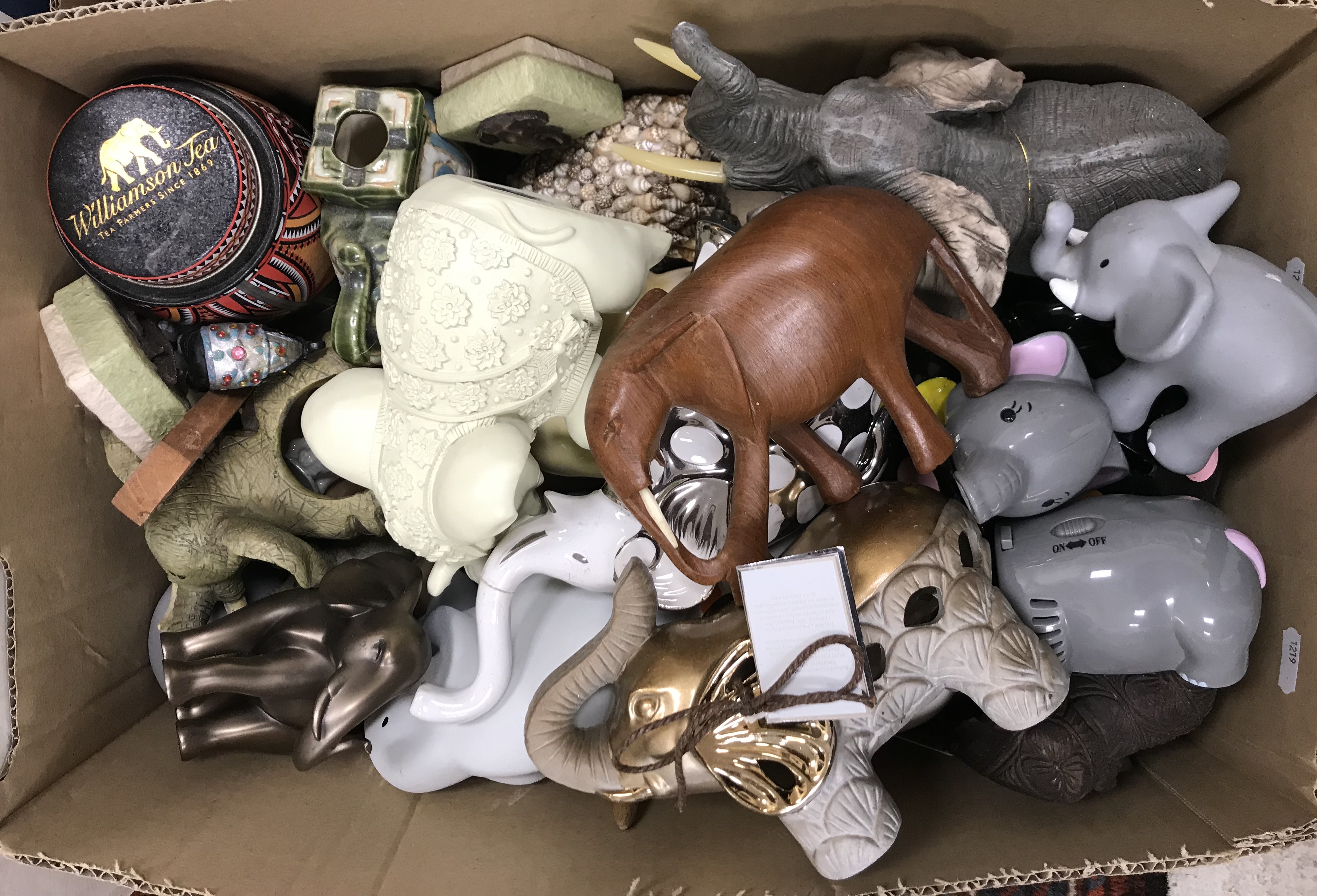 Five boxes of assorted sundry items to include elephant ornaments, mugs, mantel clock, - Image 2 of 6