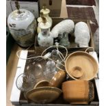 Two boxes of sundry items to include a pair of decanters, three cut glass fruit bowls,