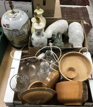 Two boxes of sundry items to include a pair of decanters, three cut glass fruit bowls,
