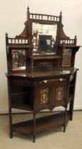 An Edwardian rosewood and marquetry inlaid side cabinet with mirrored and shelved superstructure