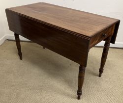 A Victorian mahogany drop leaf Pembroke table with single end drawer on turned and ringed tapering