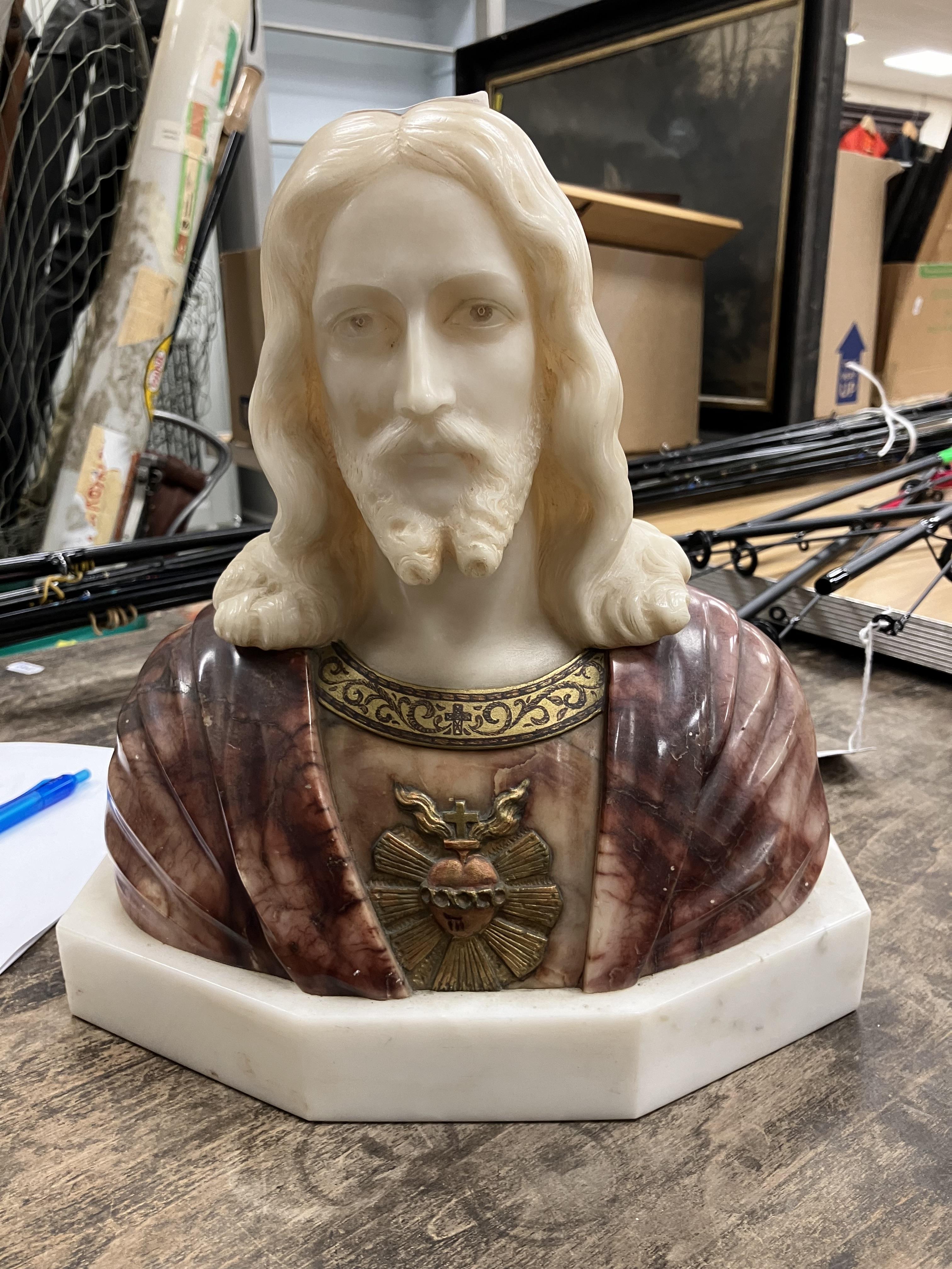 An alabaster carved figural bust of Christ with sacred heart motif at his breast, - Image 3 of 28