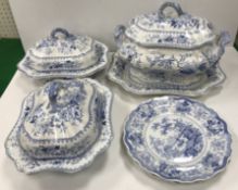 A 19th Century blue and white transfer decorated floweret tureen and cover on stand,