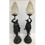 A pair of patinated spelter figural lamps as Mercury and Mars,