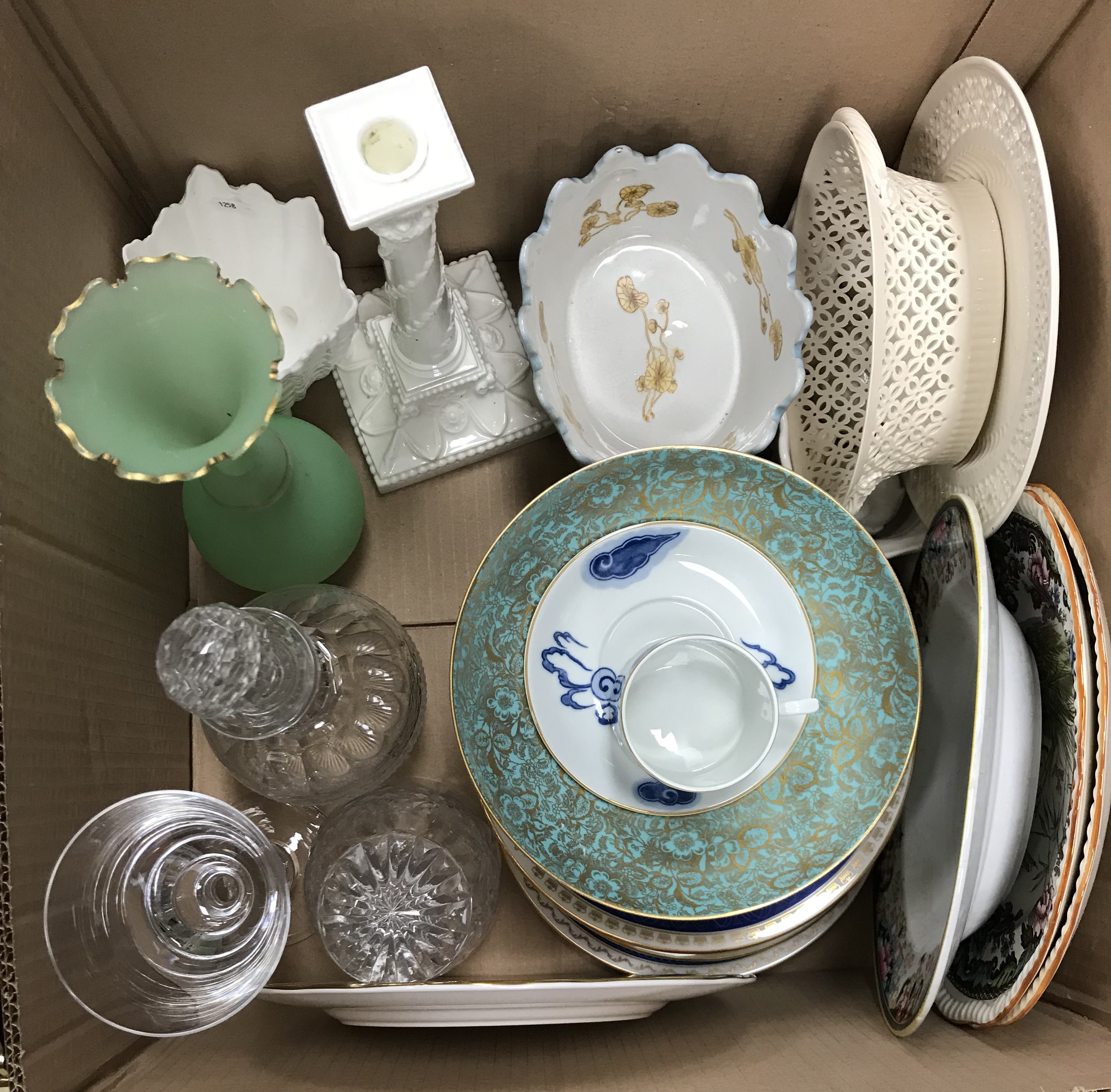 Two boxes of assorted decorative china, glass and metal wares to include a pair of modern verrieres, - Image 3 of 5