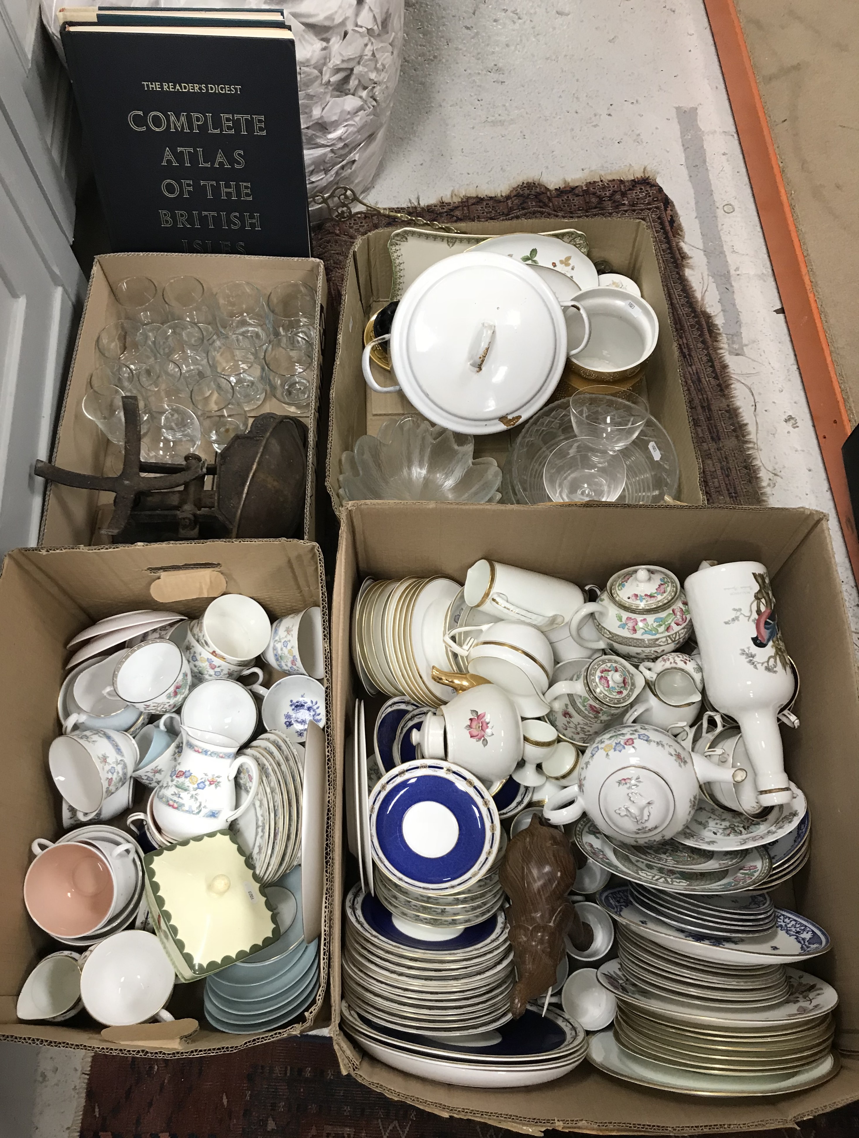 Four boxes of sundry china and glassware to include various "Indian Tree" pattern china wares,