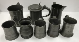 A 19th Century pewter pint lidded tankard, a pint mug inscribed "RW" bearing makers stamp "Sayf",