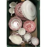 A box of assorted red transfer decorated mid 20th Century dinner wares