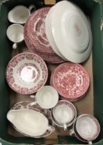 A box of assorted red transfer decorated mid 20th Century dinner wares