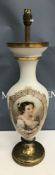 A circa 1900 frosted milk glass vase shaped table lamp decorated with portrait bust of a Spanish